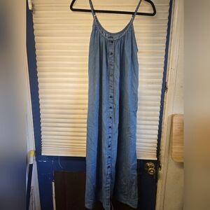 Jean Spaghetti Strap Button-Down Midi/Maxi  Dress With Pockets